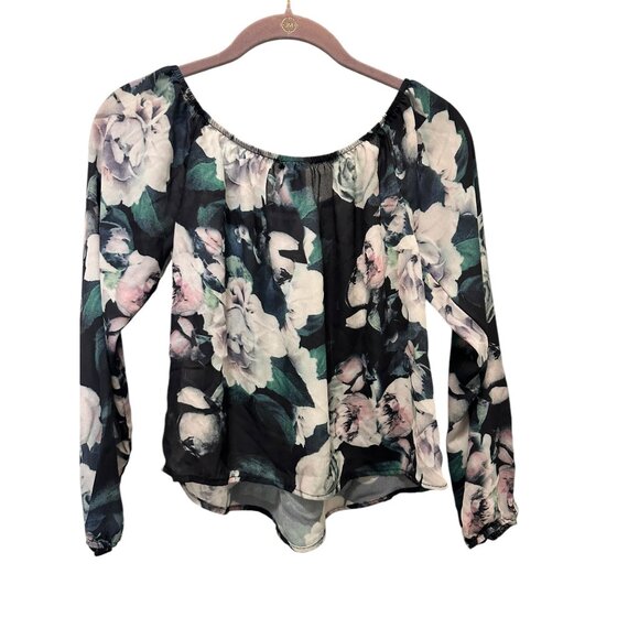 🍒 2/$20 🍒 Navy Floral Sheer Long Sleeved Blouse Rond Neck sz S - Picture 6 of 8